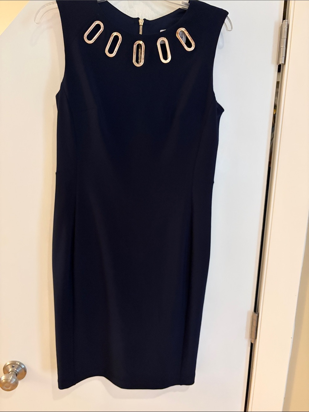 Joseph Ribkoff Navy Sleeveless Midi Dress with Gold-Tone Oval Neckline Accents